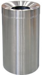Funnel Top Trash Can Stainless steel 32 gallon capacity open top trash can with 9.75 inch diameter disposal opening.