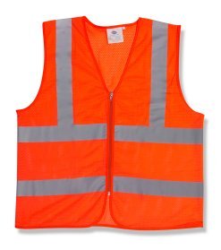 Safety vest class II orange  2 Ex large size  1 pocket inside  zipper closure  2 horizontal 2 inch wide silver reflective stripe