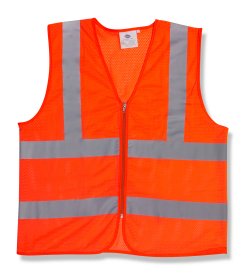Safety vest class II orange  large size  1 pocket inside  zipper closure  2 horizontal 2 inch wide silver reflective stripes
