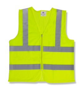 Safety vest class II yellow green  large size  1 pocket inside  zipper closure  2 horizontal silver reflective stripes