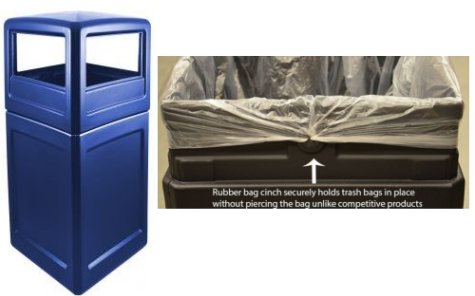 Workers Choice Poly 42 Gallon Trash Can with side open waste entry hooded top 18.5 inched square Blue