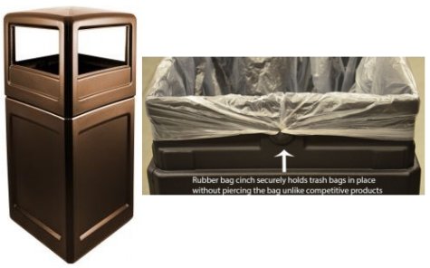 Workers Choice Poly 42 Gallon Trash Can with side open waste entry hooded top 18.5 inched square Brown