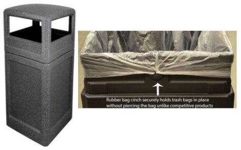 Workers Choice Poly 42 Gallon Trash Can with side open waste entry hooded top 18.5 inched square Granite