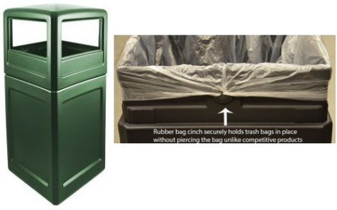 Workers Choice Poly 42 Gallon Trash Can with side open waste entry hooded top 18.5 inched square Green