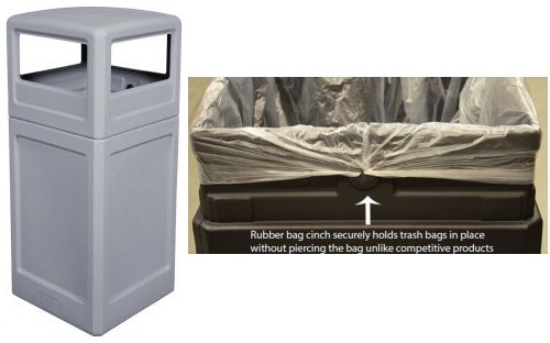 Workers Choice Poly 42 Gallon Trash Can with side open waste entry hooded top 18.5 inched square Grey